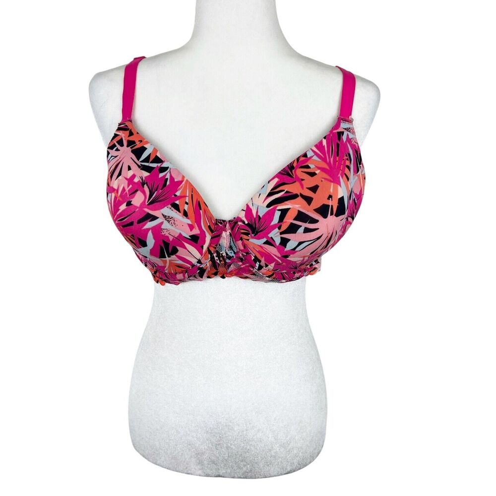 No Boundaries Bra Women 38D Pink Tropical Print Padded Wired Smooth